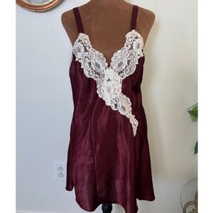 Val-Mode‎ Lingerie Burgundy Lace Trim Chemise Nightgown Women's Medium